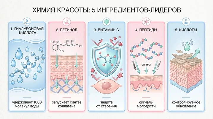 Химия красоты: как работают ретинол, гиалуронка и витамин C