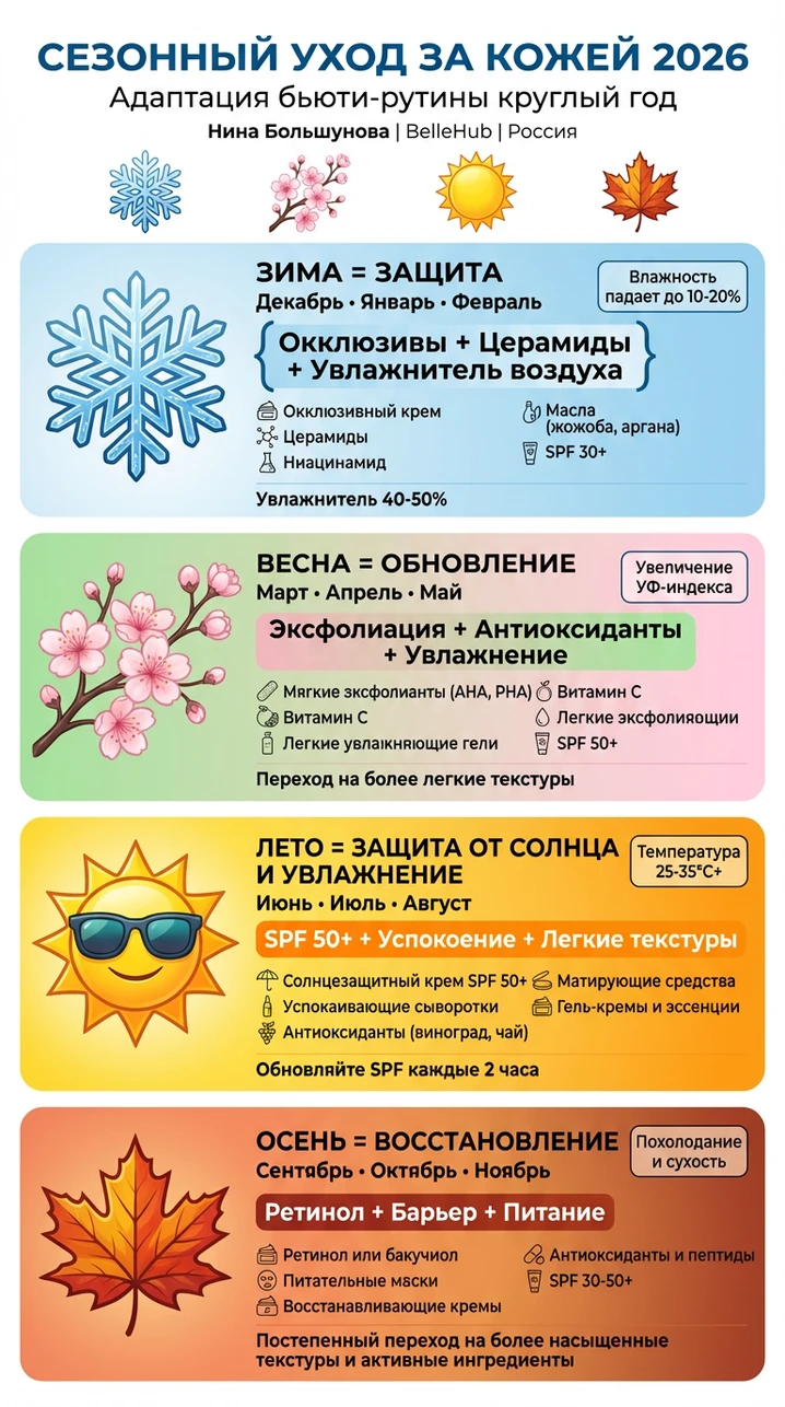 Сезонный уход за кожей: зима, весна, лето, осень 2026