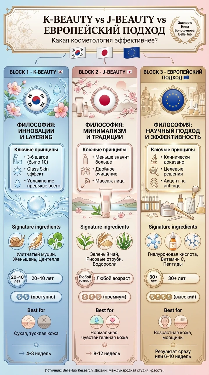 K-beauty vs J-beauty vs Европа 2026: Какой уход эффективнее?